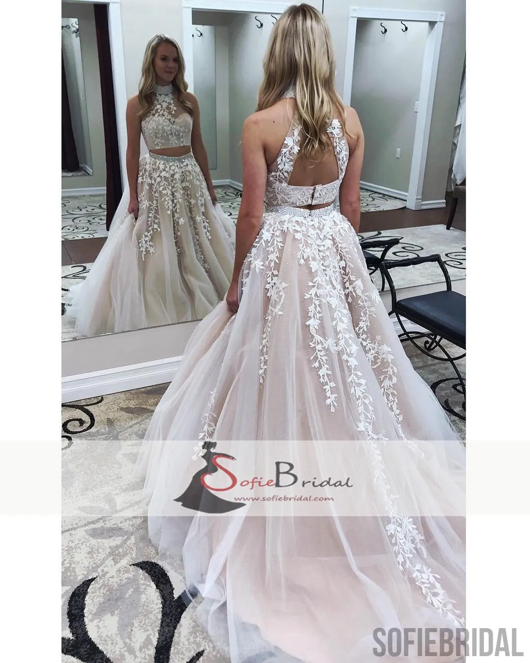 2 Pieces Lace Tulle Prom Dresses, Lovely Open Back Halter Prom Dresses, Dresses for Prom, PD0393