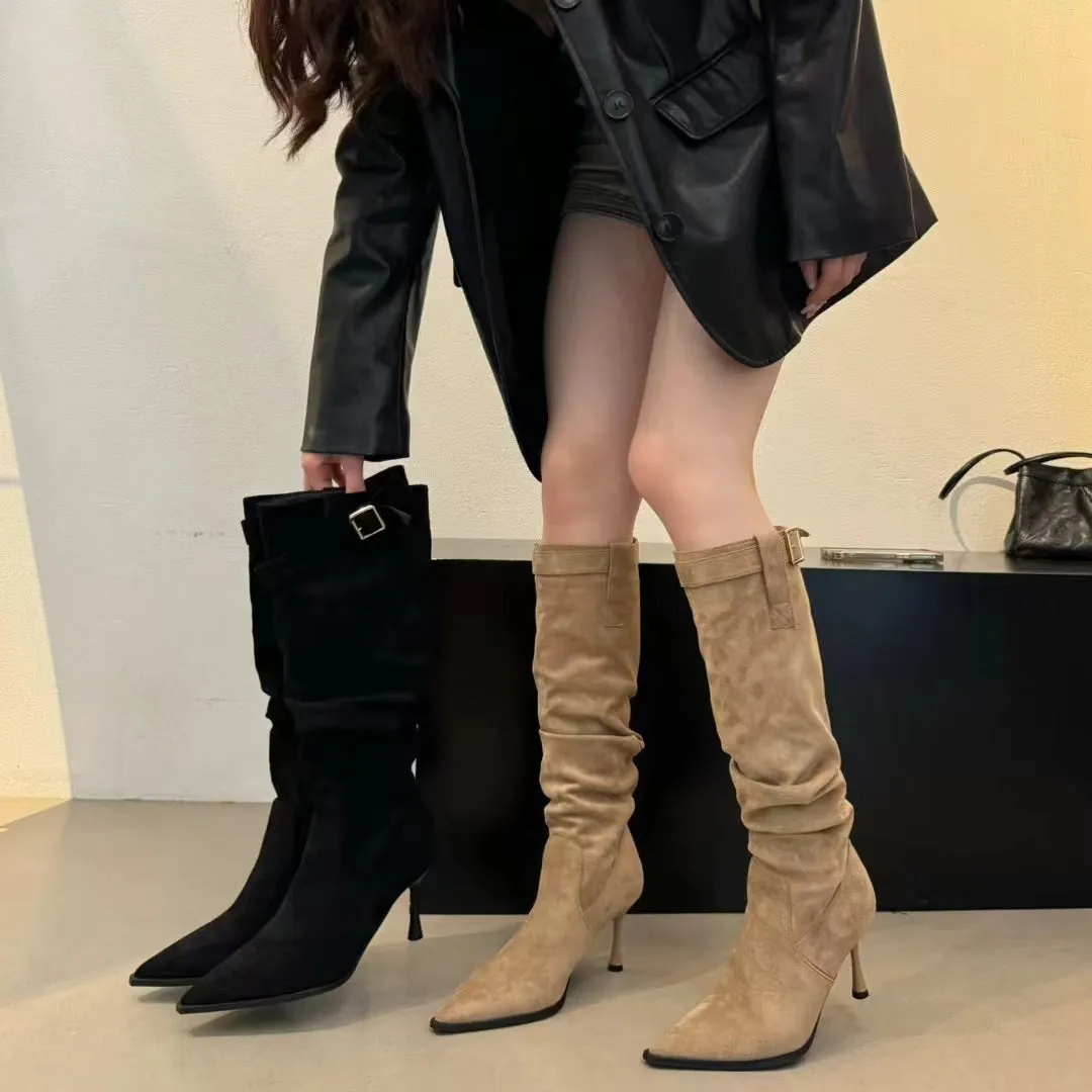 2024 Autumn Winter Versatile Slim Slouchy Pointed Stiletto High Heel Over-the-Knee Long Shoes