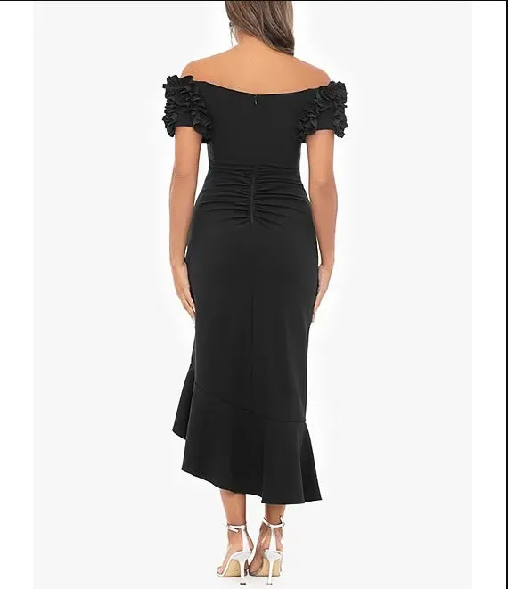 3D Ruffle Off-the-Shoulder Ruffle Front Ruched Detail Midi Dress Cocktail Dresses