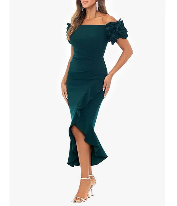 3D Ruffle Off-the-Shoulder Ruffle Front Ruched Detail Midi Dress Cocktail Dresses