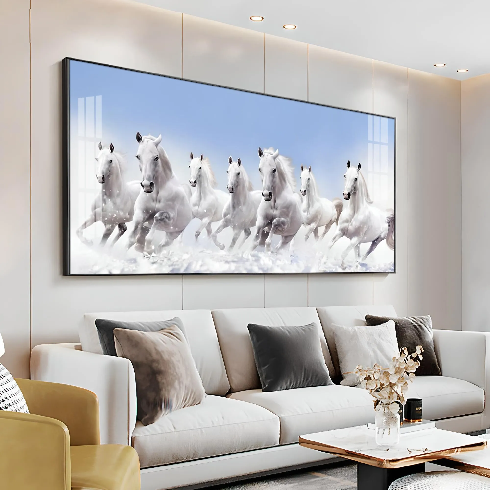 7 Running White Horses in The Sea Premium Acrylic Horizontal Wall Art