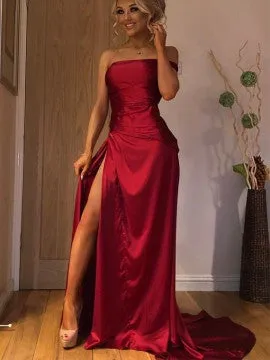 A-Line Burgundy  Sleeveless Long Strapless Party Prom Dresses with Split, TYP1800