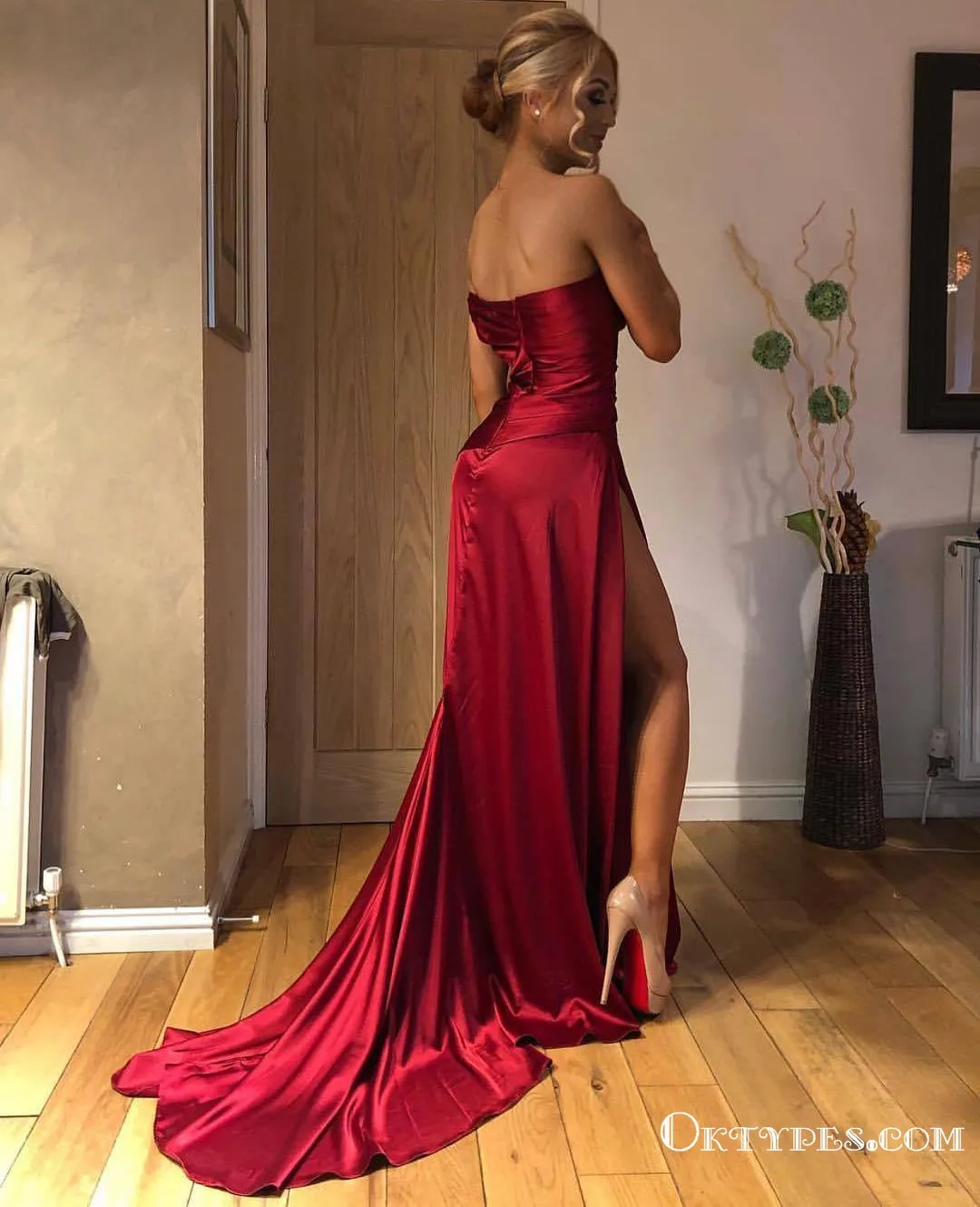 A-Line Burgundy  Sleeveless Long Strapless Party Prom Dresses with Split, TYP1800