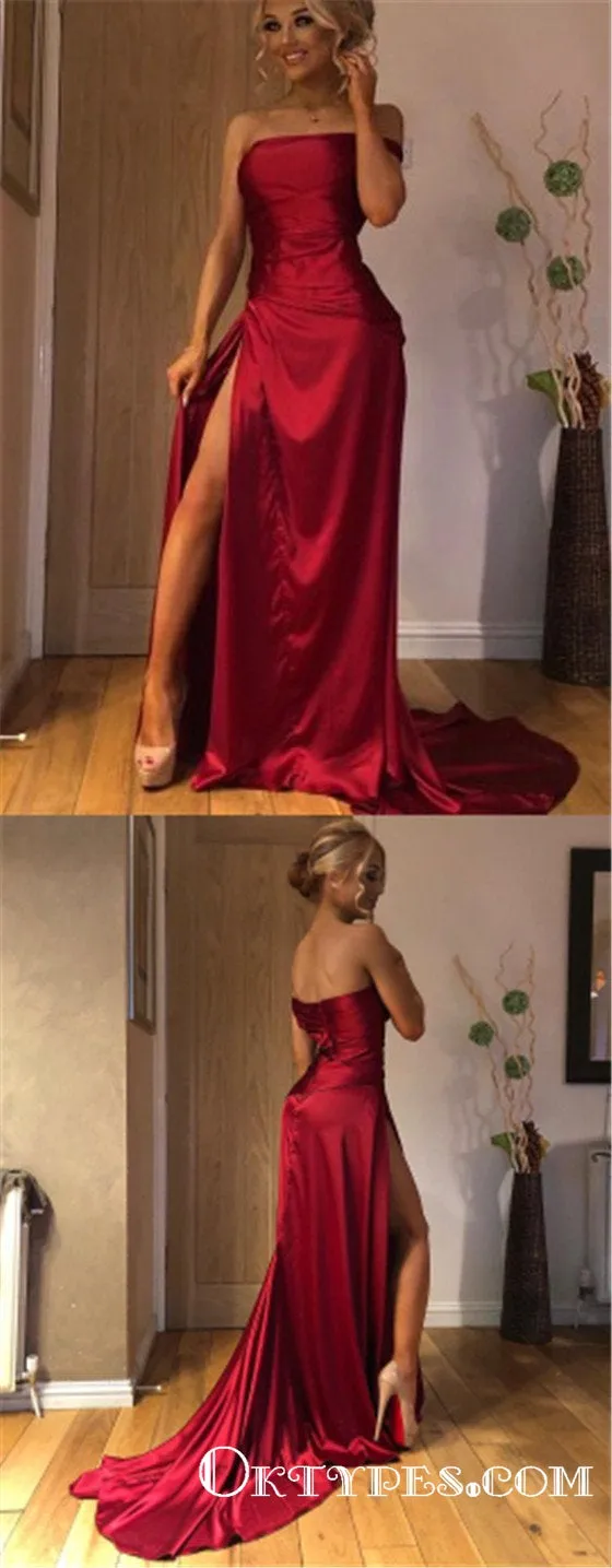 A-Line Burgundy  Sleeveless Long Strapless Party Prom Dresses with Split, TYP1800