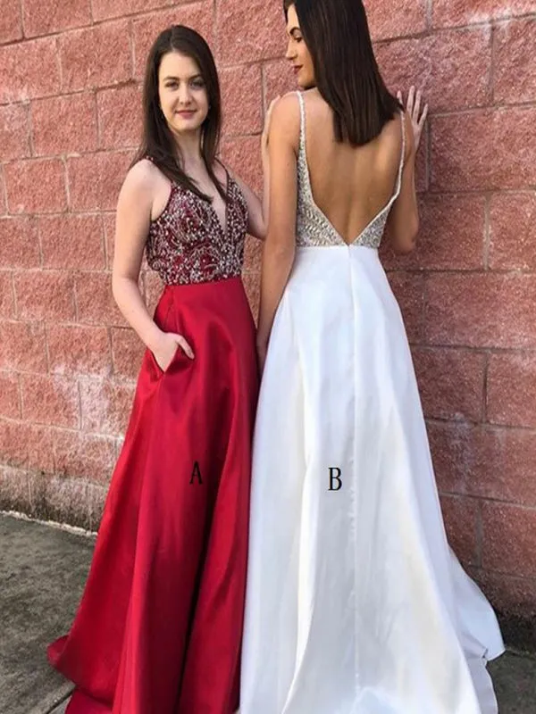 A-Line Deep V-Neck Long Cheap Red Satin Prom Dresses with Beading Pockets, TYP1270