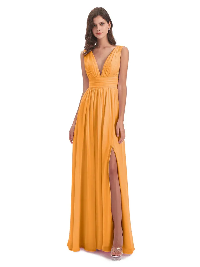 A-Line Floor Length Deep V Neck Chiffon Bridesmaid Dresses With Slit