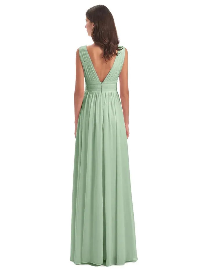 A-Line Floor Length Deep V Neck Chiffon Bridesmaid Dresses With Slit