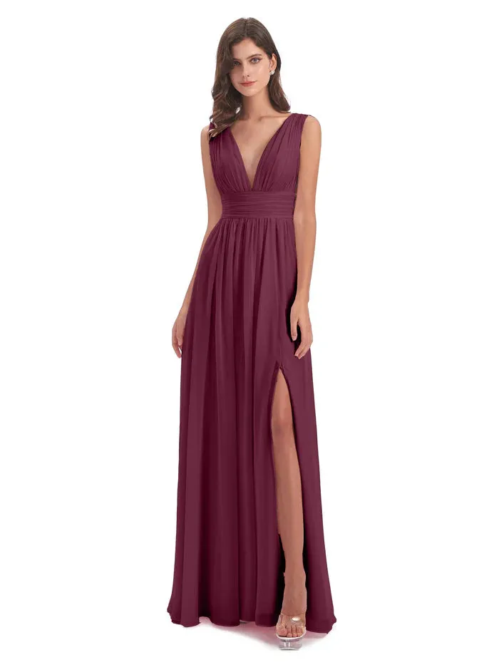 A-Line Floor Length Deep V Neck Chiffon Bridesmaid Dresses With Slit