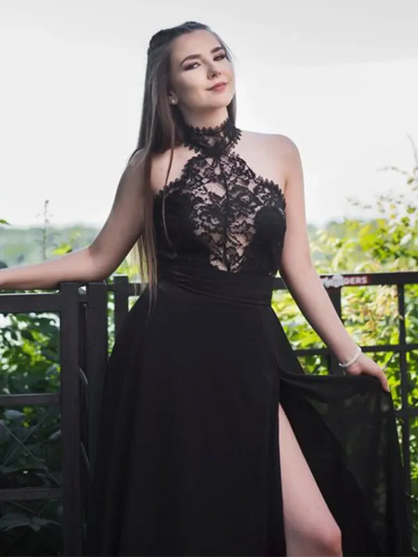 A-line Halter Long Prom Dresses, 2020 Prom Dresses, Fancy Lace Prom Dresses