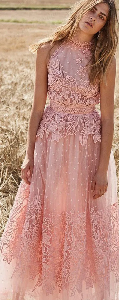 A-line High-neck Pink Tulle Evening Dresses ,Cheap Prom Dresses,PDY0609