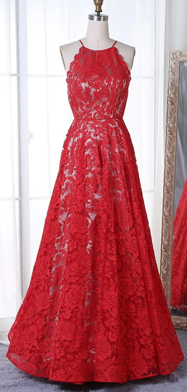 A-Line Jewel Sleeveless Long Cheap Red Lace Prom Dresses Online, TYP1303