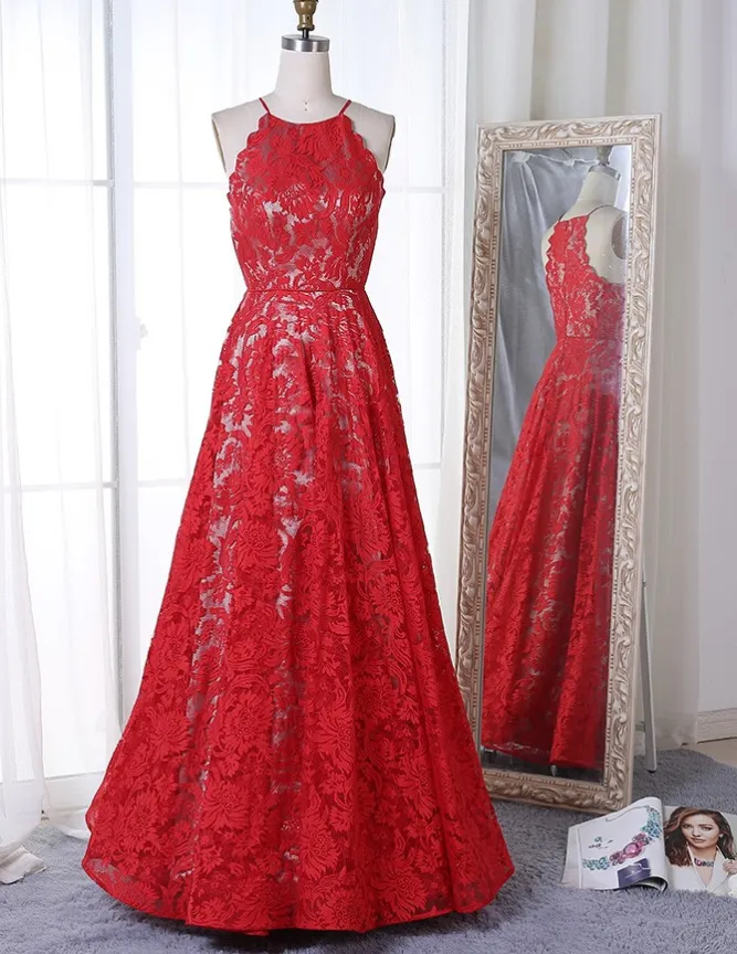 A-Line Jewel Sleeveless Long Cheap Red Lace Prom Dresses Online, TYP1303