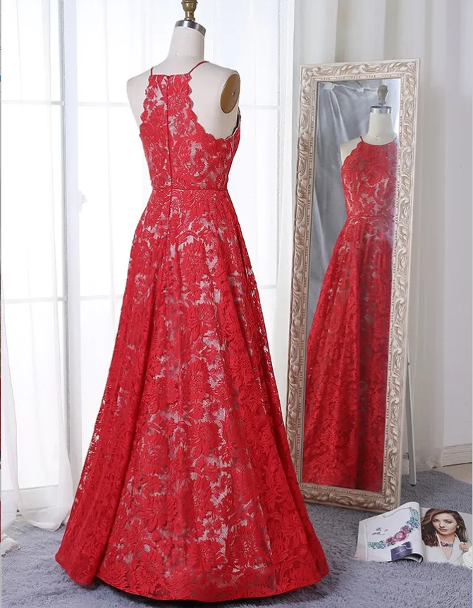 A-Line Jewel Sleeveless Long Cheap Red Lace Prom Dresses Online, TYP1303