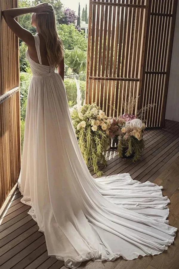 A-Line Long Chiffon Sweetheart Wedding Dresses Sweep/Brush Train Dresses