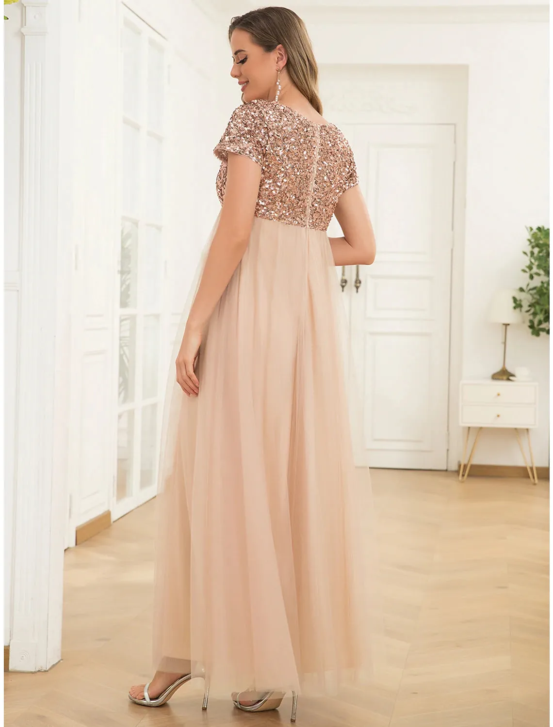 A-Line Party Dresses Maternity Dress Party Wear Ankle Length Short Sleeve Jewel Neck Tulle with Sequi