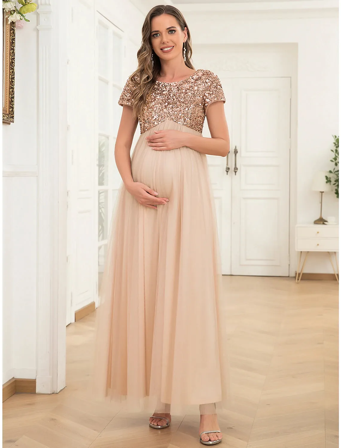 A-Line Party Dresses Maternity Dress Party Wear Ankle Length Short Sleeve Jewel Neck Tulle with Sequi