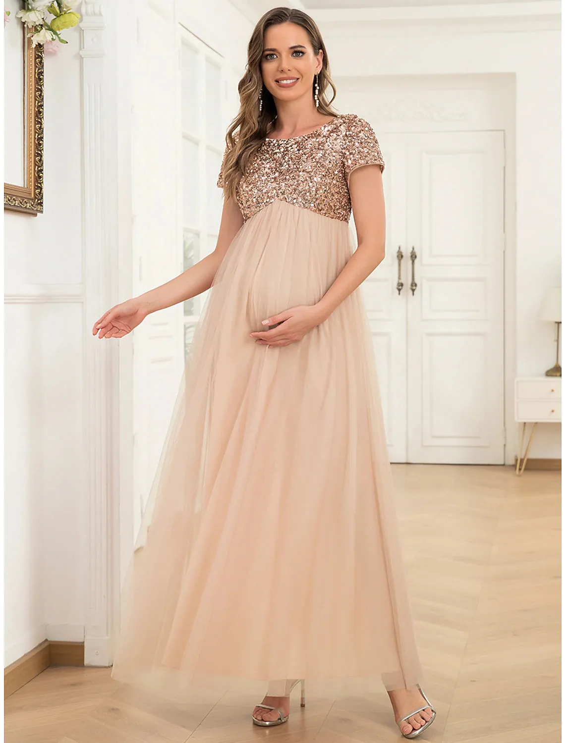 A-Line Party Dresses Maternity Dress Party Wear Ankle Length Short Sleeve Jewel Neck Tulle with Sequi