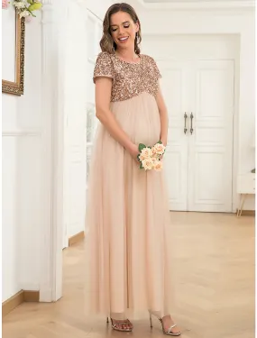 A-Line Party Dresses Maternity Dress Party Wear Ankle Length Short Sleeve Jewel Neck Tulle with Sequi