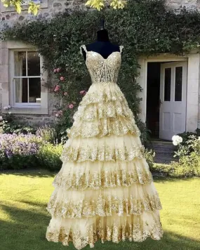 A-Line Princess Light Gold Lace Ball Gown Dress Prom Dresses