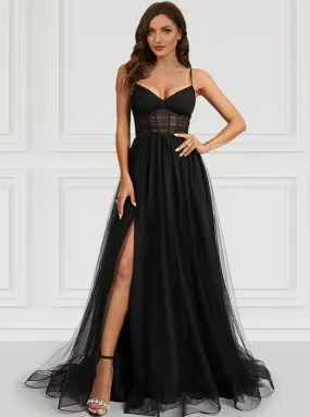 A-Line Prom Dresses Corsets Dress Party Wear Court Train Sleeveless Spaghetti Strap Tulle with Slit