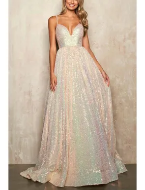 A-Line Prom Dresses Elegant Dress Formal Prom Sweep / Brush Train Sleeveless Spaghetti Strap Tulle with Sequin