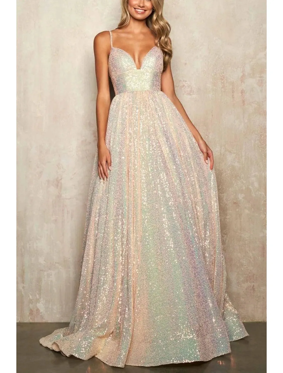 A-Line Prom Dresses Elegant Dress Formal Prom Sweep / Brush Train Sleeveless Spaghetti Strap Tulle with Sequin