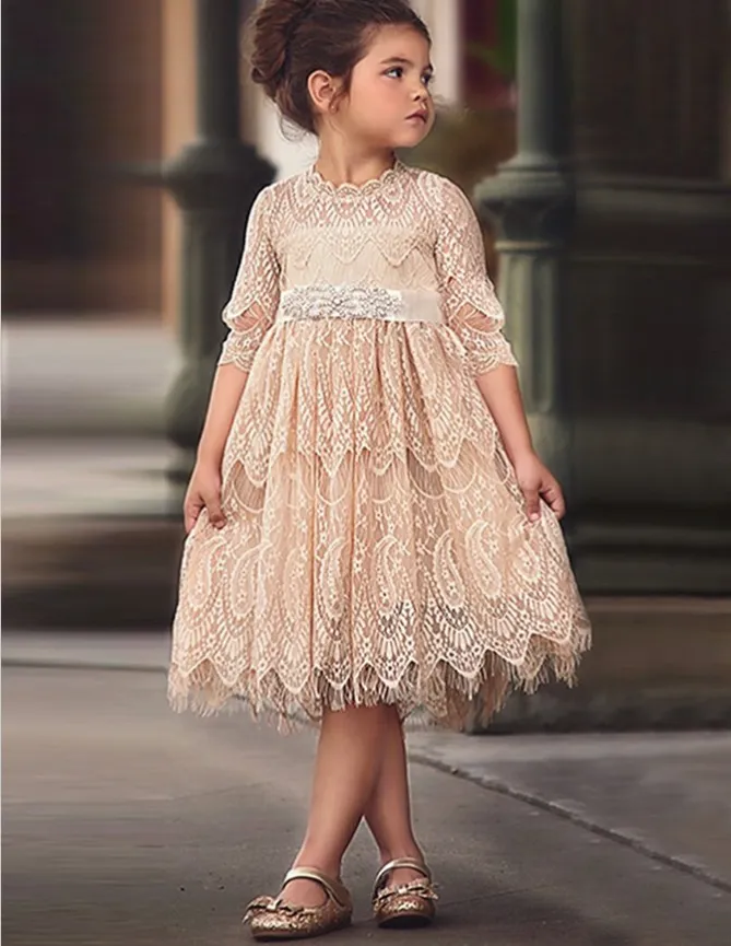 A-Line Round Neck White Lace Flower Girl Dresses with Sash&Beading, TYP1327