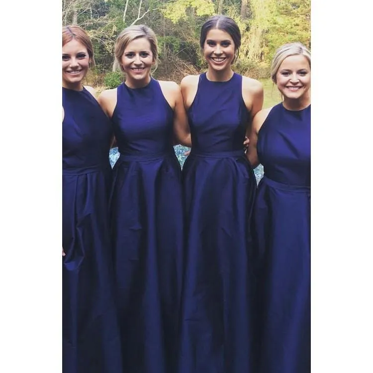 A-line Sleeveless Round Neck Simple Navy Blue Bridesmaid Dresses, BD0571