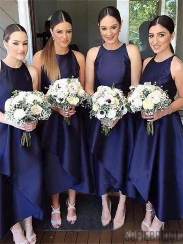 A-line Sleeveless Round Neck Simple Navy Blue Bridesmaid Dresses, BD0571