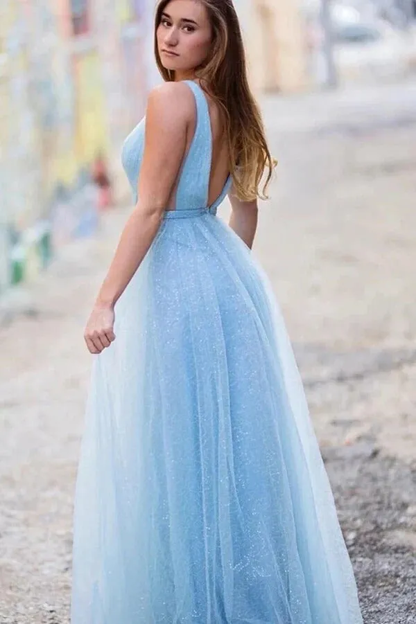 A-line Sparkly Tulle Light Blue Prom Dresses, Party Dress,BD930736