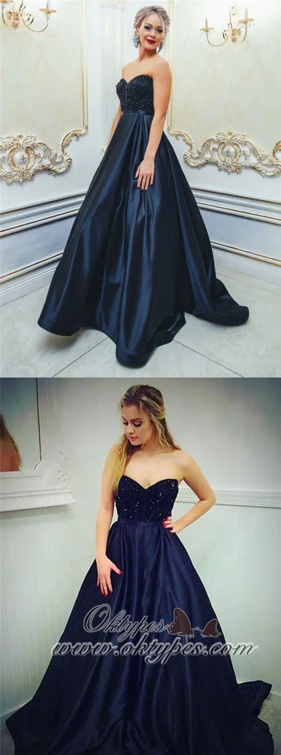 A-Line Sweetheart Navy Blue Satin Prom Dresses with Beading, TYP1387