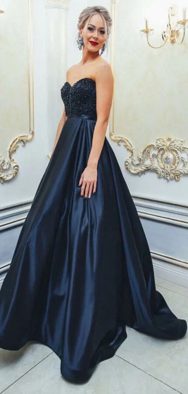 A-Line Sweetheart Navy Blue Satin Prom Dresses with Beading, TYP1387