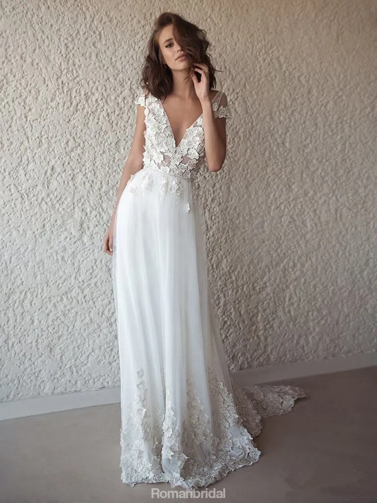 A-line V-neck Cap Sleeves Appliques Wedding Dresses With Train, WD0442