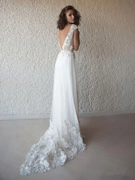 A-line V-neck Cap Sleeves Appliques Wedding Dresses With Train, WD0442