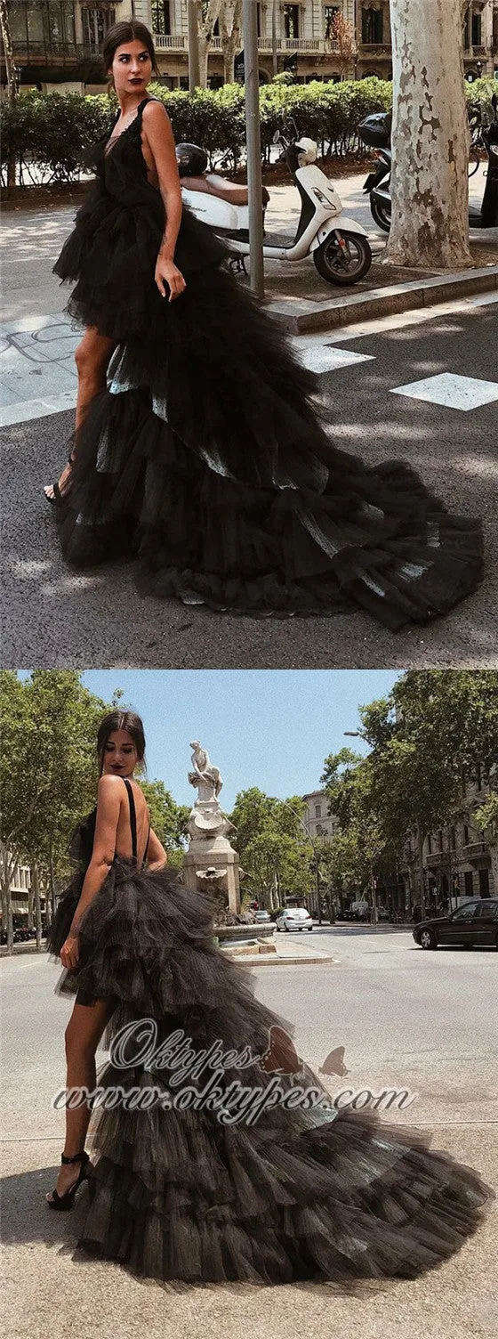 A-Line V-Neck High Low Backless Black Tulle Prom Dresses, TYP1519