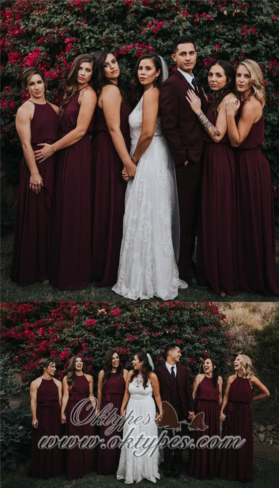 Affordable Chiffon Simple A-Line Sleeveless Long Bridesmaid Dresses, TYP1401