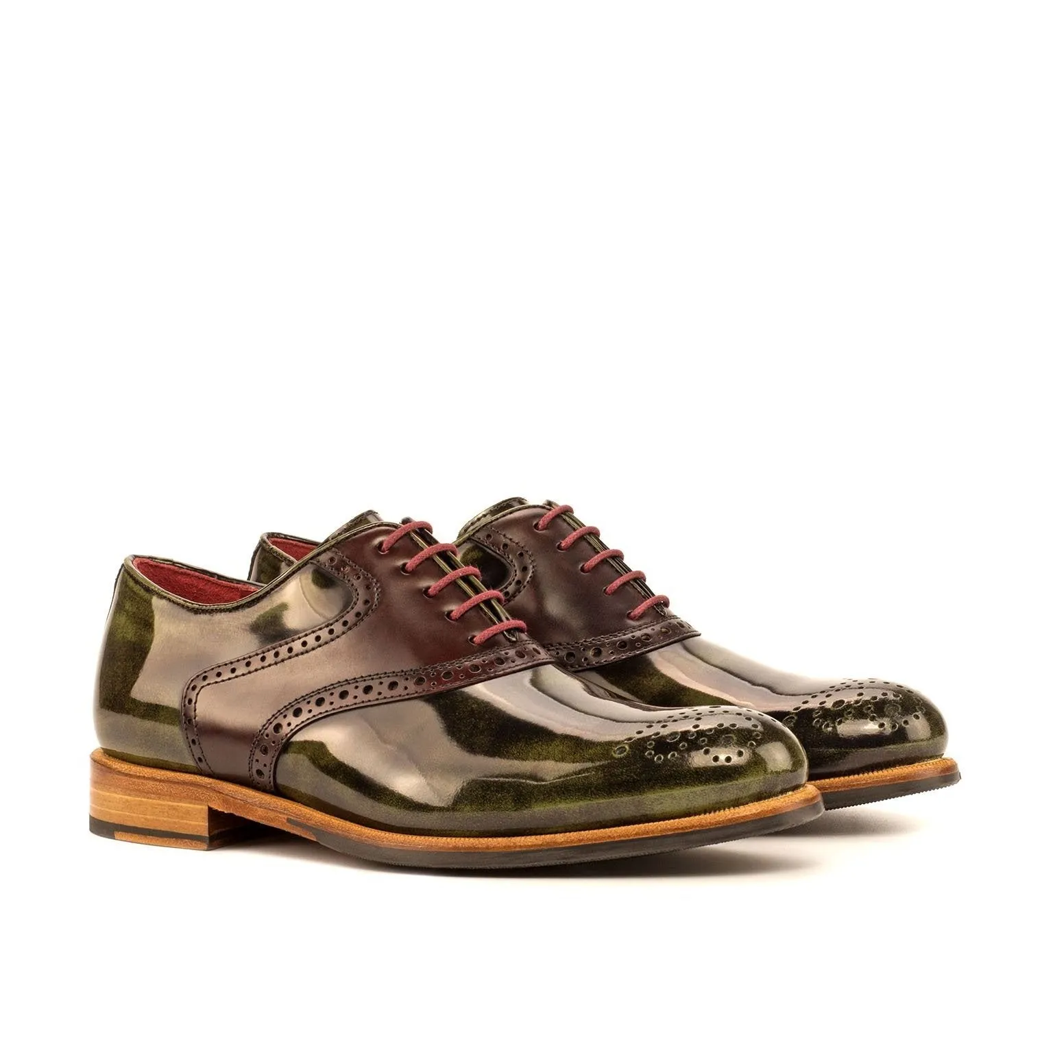 Ambrogio Bespoke Custom Women's Custom Made Shoes Green & Burgundy Polished Calf-Skin Leather Saddle Oxfords (AMBW1085)