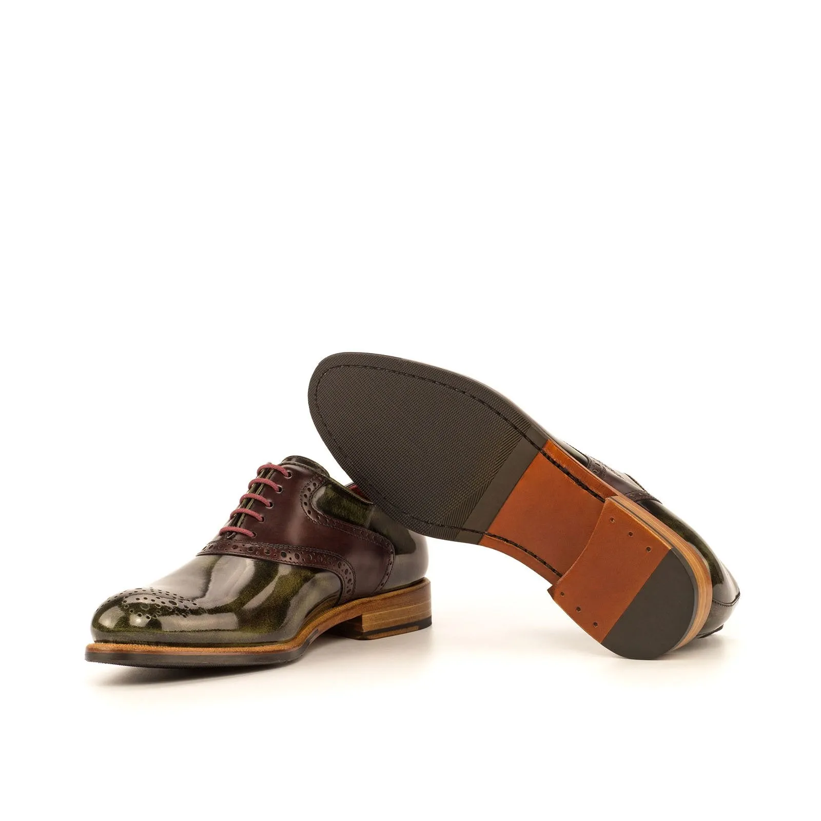 Ambrogio Bespoke Custom Women's Custom Made Shoes Green & Burgundy Polished Calf-Skin Leather Saddle Oxfords (AMBW1085)