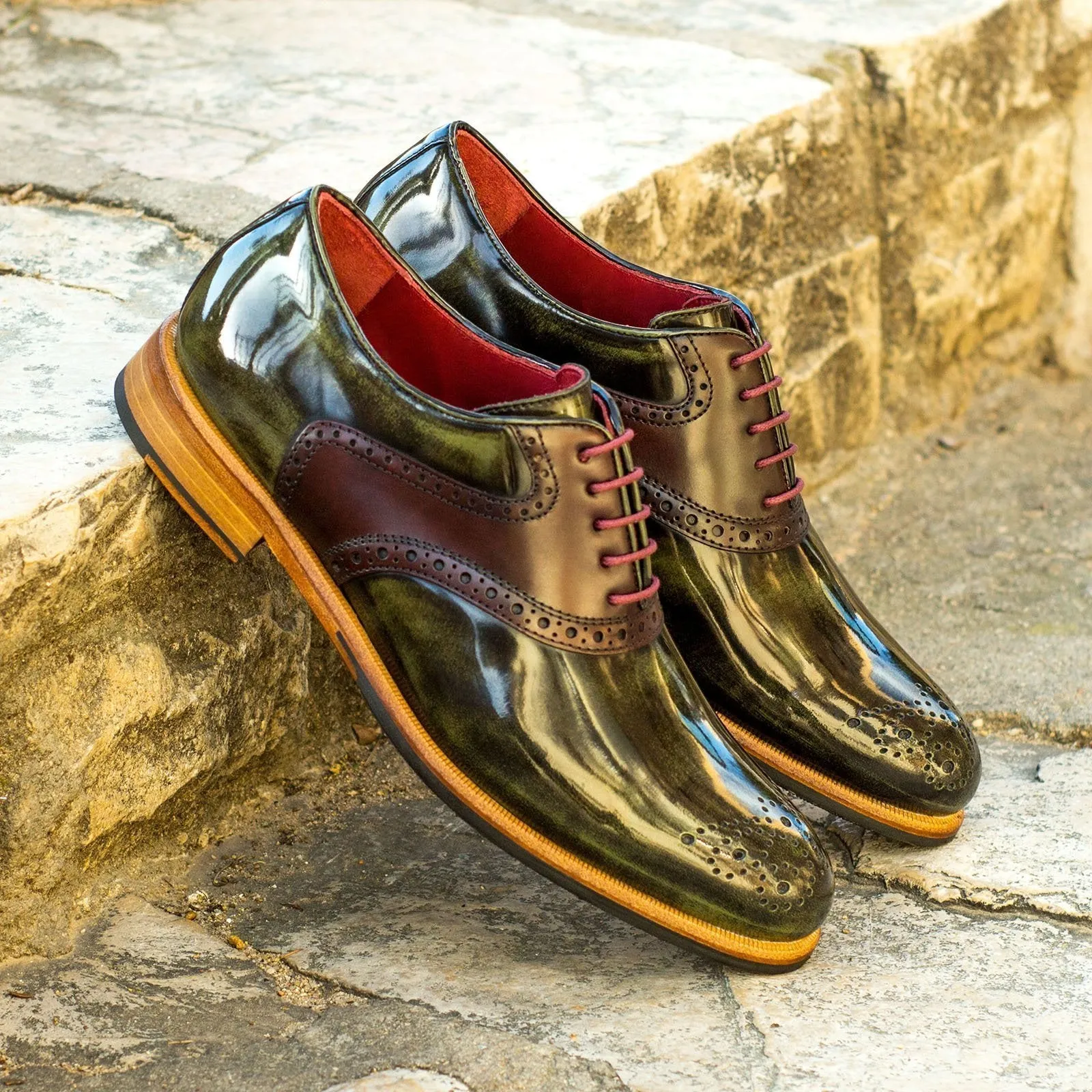 Ambrogio Bespoke Custom Women's Custom Made Shoes Green & Burgundy Polished Calf-Skin Leather Saddle Oxfords (AMBW1085)