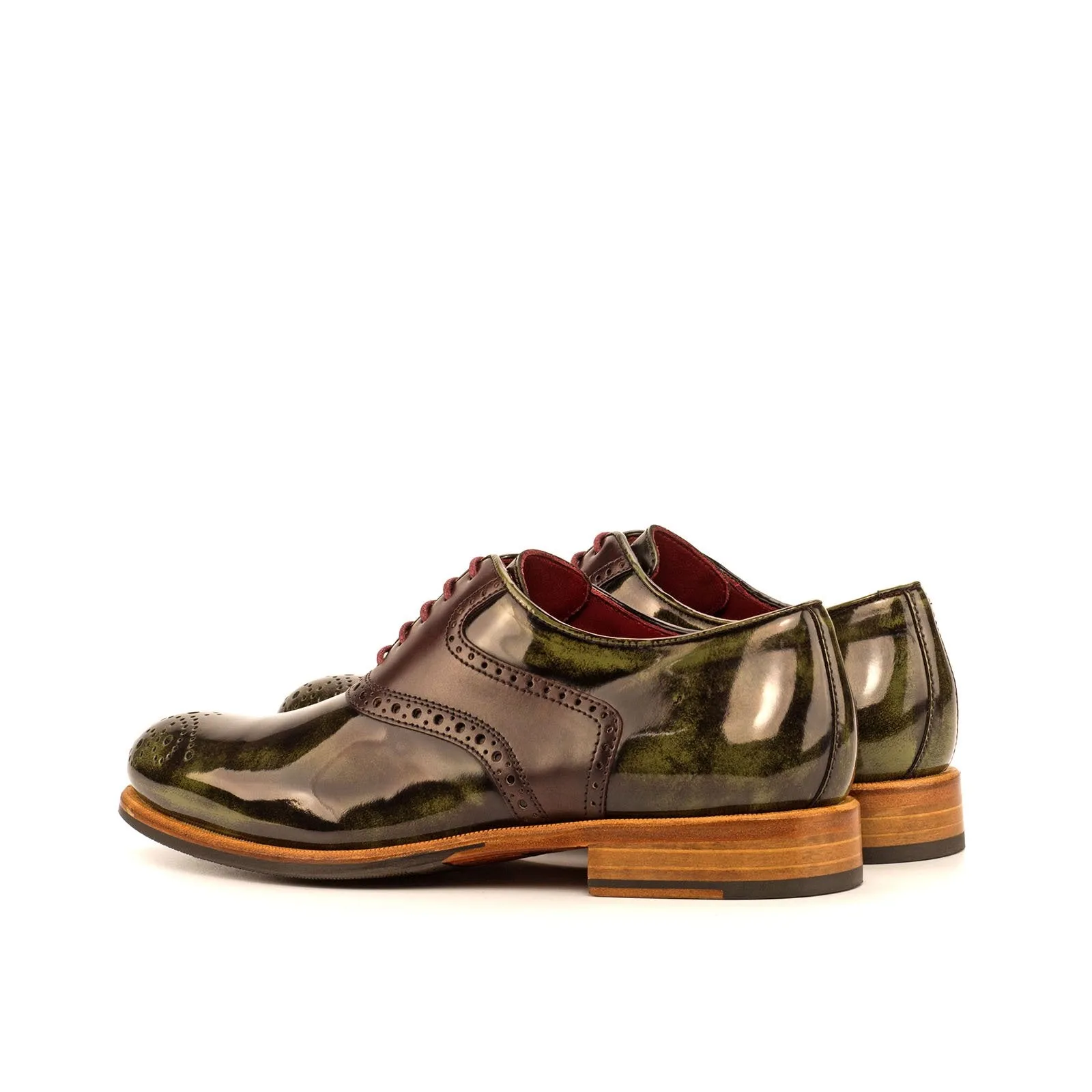 Ambrogio Bespoke Custom Women's Custom Made Shoes Green & Burgundy Polished Calf-Skin Leather Saddle Oxfords (AMBW1085)