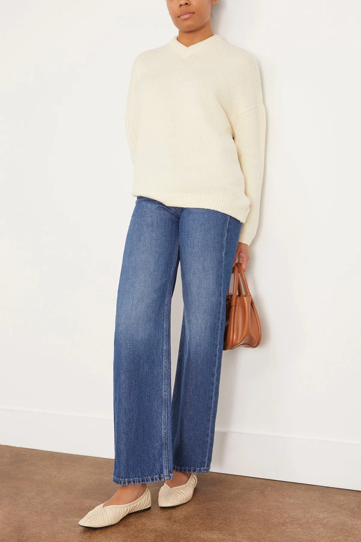 Asymmetric V Neck Merino Sweater in Off White