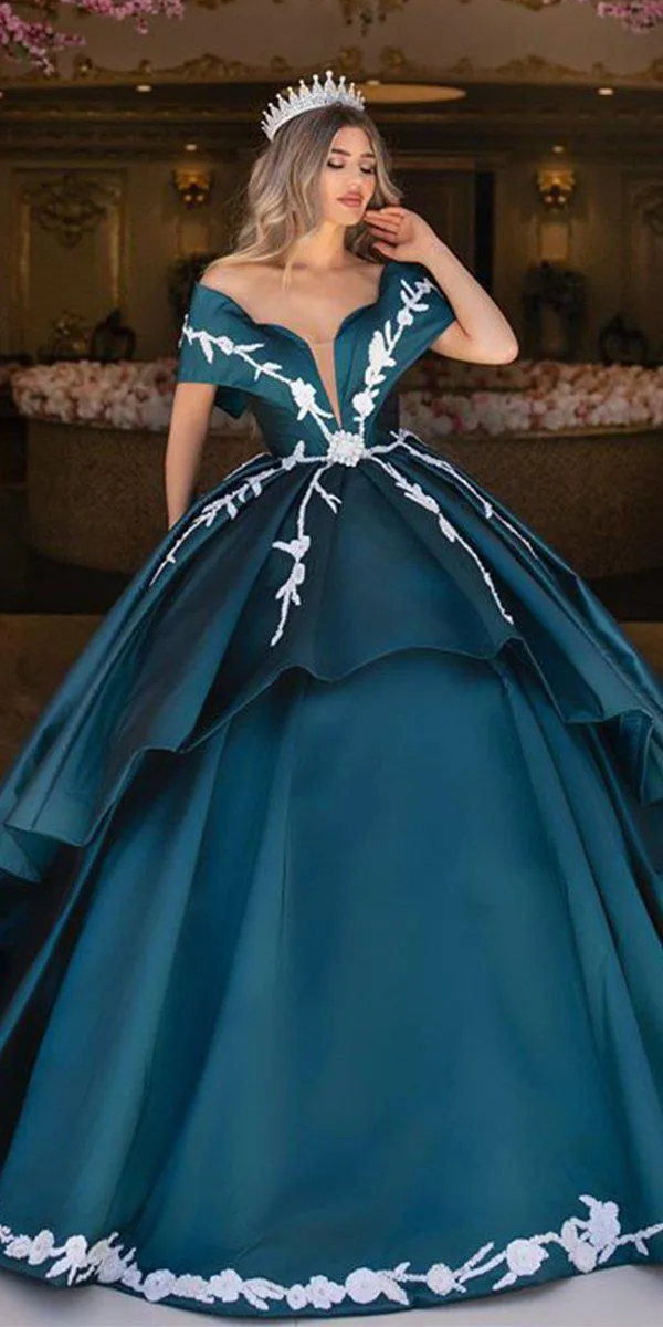 Ball Gown Off-The-Shoulder V-neck Satin Long Cheap Formal Prom Dresses With Applique, PDS0059