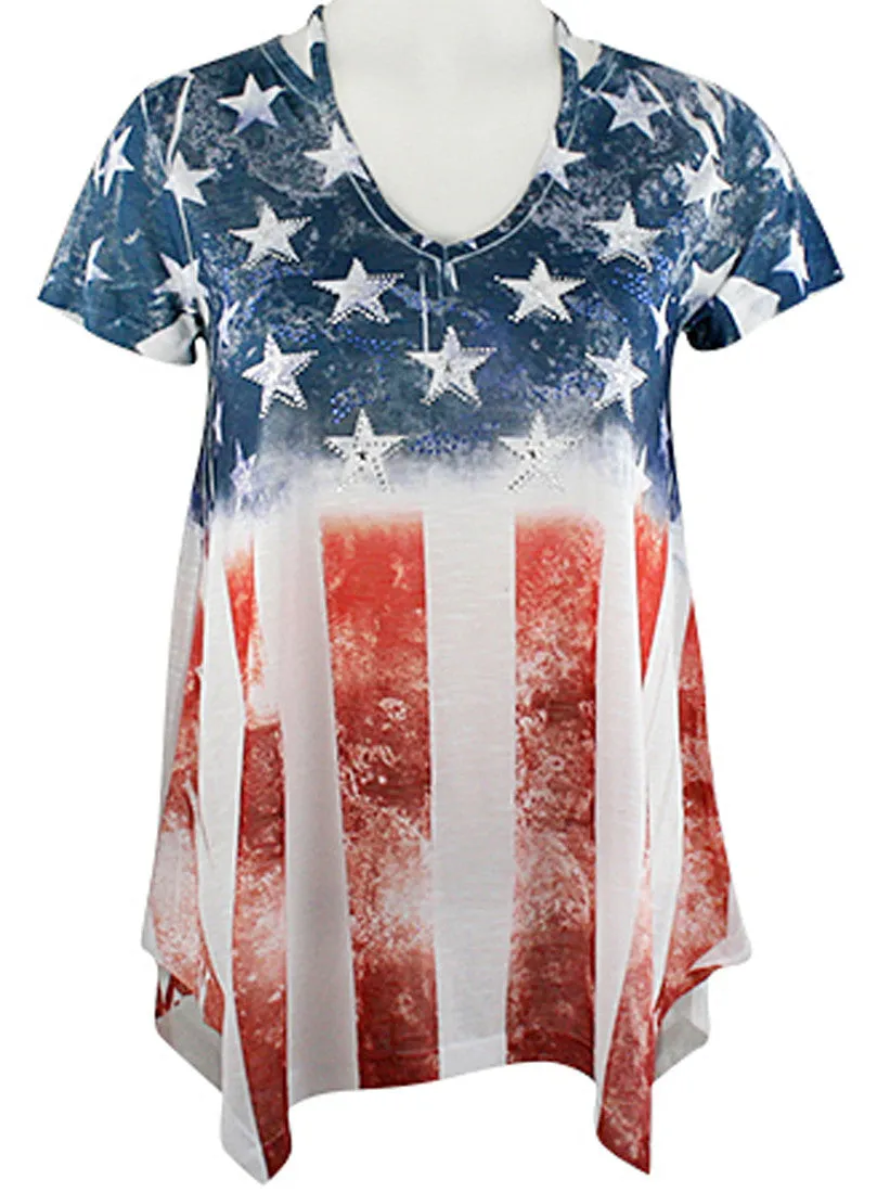 Big Bang Clothing Company - Vertical Flag Cap Sleeve V-Neck Rhinestone Print Top