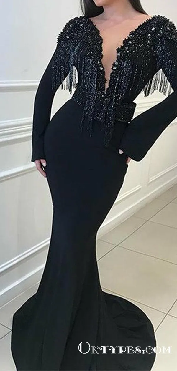 Black Long Sleeves Beading Long Mermaid Evening Gowns Backless Prom Dresses, TYP1695