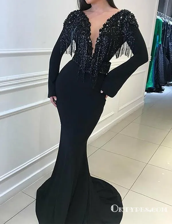 Black Long Sleeves Beading Long Mermaid Evening Gowns Backless Prom Dresses, TYP1695