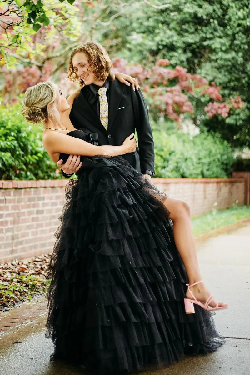 Black Strapless Ruffle Tiered Tulle Long Prom Dresses,BD93390