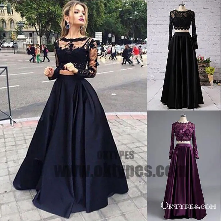 Black Two Piece Long Sleeve Prom Dresses, A-line Lace Two Piece Long Prom Dresses, Grad Dresses, Ball Gown Prom Dresses, TYP0067