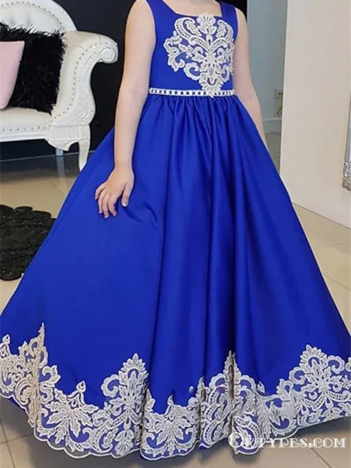 Blue Straps Royal Appliques A-Line Floor-length Flower Girl dresses, TYP1954