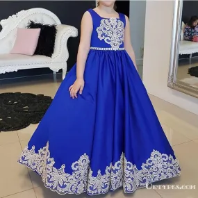 Blue Straps Royal Appliques A-Line Floor-length Flower Girl dresses, TYP1954