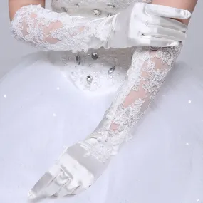 Bridal Gloves, White Satin Long Full Finger Bridal Gloves, Lace Wedding Gloves, Wedding Accessory, TYP0555